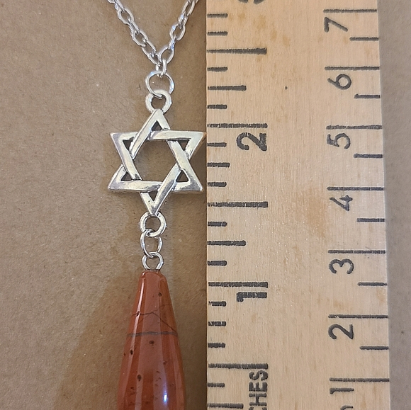 Red Jasper Teadrop Stone Silver Star of David Necklace Handmade 18-inch Jewelry - Picture 3 of 3